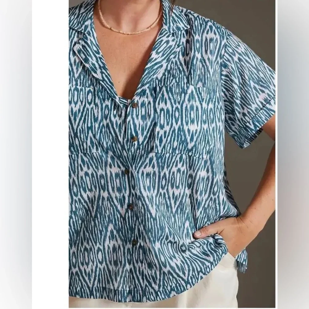 Pilcro Anthropologie Voile Surf Anthro Shirt, blue Ikat pattern Boho Medium - Picture 1 of 8